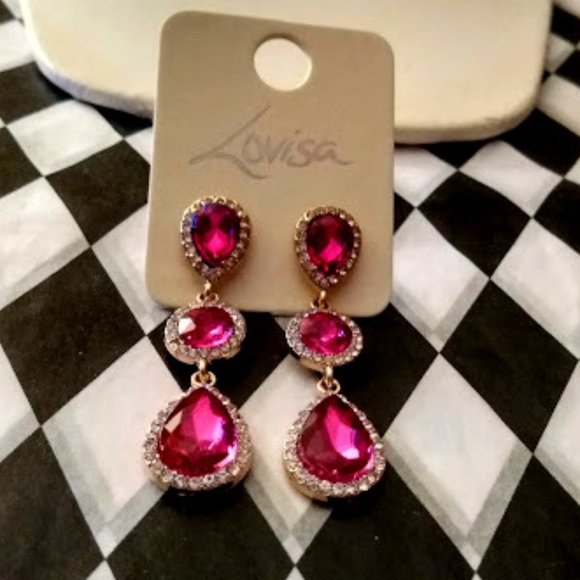 LOVISA Glamorous Gold Round & Teardrop Fuchsia Crystals Dangle Earrings**NEW! - Picture 3 of 3